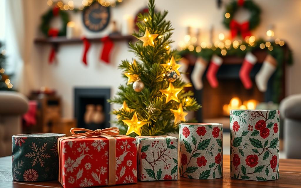 A cozy Christmas scene featuring a small, beautifully decorated pine tree (pinheirinho) adorned with colorful cylindrical fabric-wrapped gift boxes. The foreground displays intricately designed gift boxes, elegantly covered in festive textiles with patterns of snowflakes and holly. In the middle, the lush green pine tree stands tall, twinkling with warm white lights and a few handcrafted ornaments. The background is softly blurred to reveal a charming living room, with a fireplace softly glowing and decorations like garlands and wreaths enhancing the holiday spirit. The lighting is warm and inviting, casting a gentle glow throughout the scene, creating a joyful and festive atmosphere. Use a wide-angle lens to capture the entire setting, emphasizing the cozy and creative environment of reused materials for holiday decor.