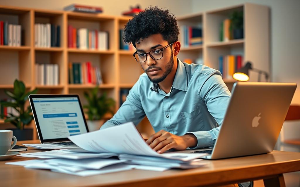 A focused, professional student seated at a tidy desk, organizing their Gov.br access and registration materials for an upcoming examination request. In the foreground, detailed documents and a laptop screen displaying the Gov.br website. The middle ground features a soft, inviting backdrop of a well-lit study area, with bookshelves filled with educational materials and a potted plant adding a touch of greenery. The lighting is warm and bright, illuminating the workspace with a sense of hope and determination. A slight tilt-angle shot captures the student's concentrated expression, dressed in smart casual attire, radiating an atmosphere of ambition and preparation. The overall mood is positive and inspiring, reflecting the importance of preparation for gaining fee exemptions in exams.