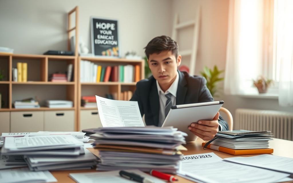 A focused student in a well-lit room sits at a tidy desk, gathering various official documents for their Enem 2026 application. The foreground features neatly arranged papers, including forms and identification. In the middle ground, the student examines a checklist on a tablet, wearing professional business attire, displaying concentration and diligence. The background shows a shelf filled with academic books and a motivational poster about education, enhancing the scholarly atmosphere. Soft natural light filters through a nearby window, casting a warm glow over the scene, creating a sense of hope and determination. The overall mood is one of preparation and optimism, emphasizing the importance of diligence in the application process.